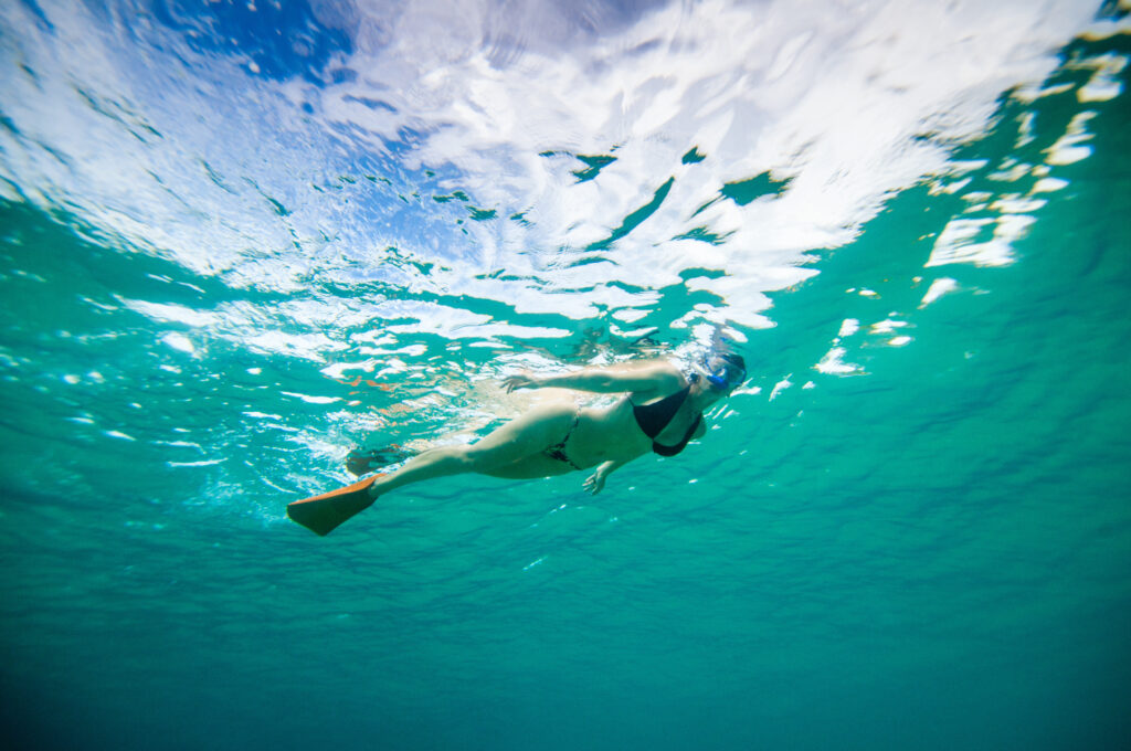 Woman swim with sorkel and mask in clear waters at Fernando de Noronha Brazil