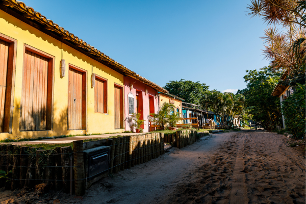 Colorful houses in Caraíva fishing village in Bahia state, Brazil