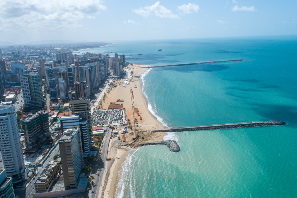 Fortaleza, Ceara _ Brazil - Circa Octuber 2019_ Aerial view over Beira Mar, Fortaleza. Buildings landscape on the shore. Beiramar, Fortaleza (Source_ Adobe Stock)