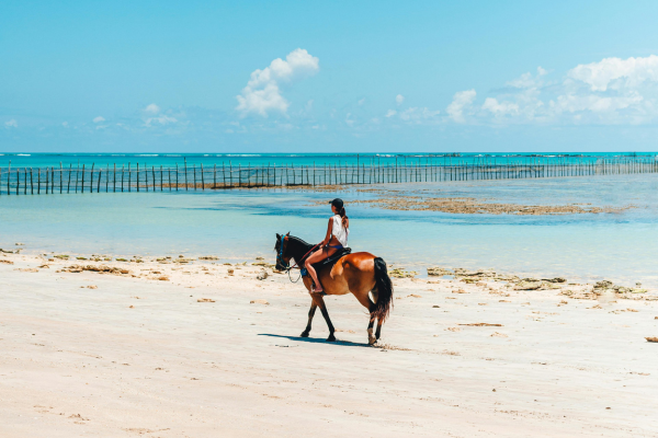 Horseback riding on the beach in São Miguel dos Milagres, Alagoas, Brazil, with turquoise waters and preserved coastline.